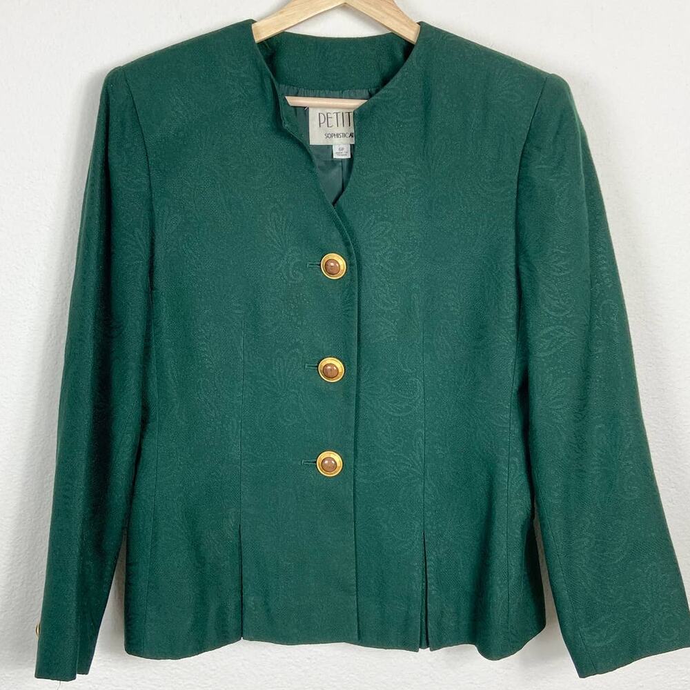 Vintage Boxy Blazer Petite Sophisticate Size 6P Dark Green Jacquard Paisley Gold